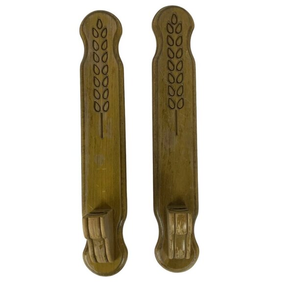 Vintage Mid-Century Wooden Taper Candle Holder Wall Sconces With Leaf Design - Picture 1 of 8